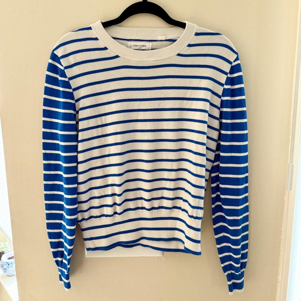 Chinti & Parker Blue and White Cotton Crewneck Sweater Size Medium